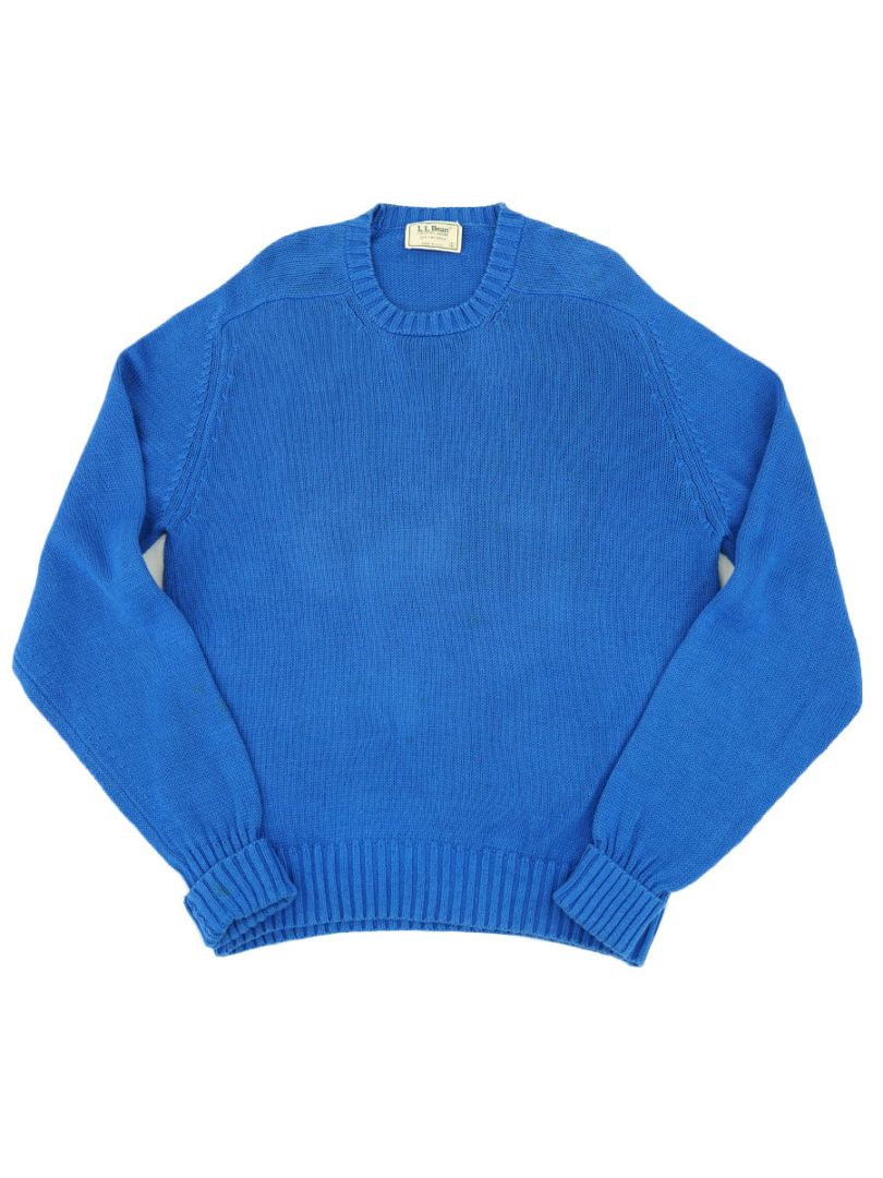 80's L.L.BEAN 100%コットン サドルショルダーニット 無地ブルー 表記(L) USA製