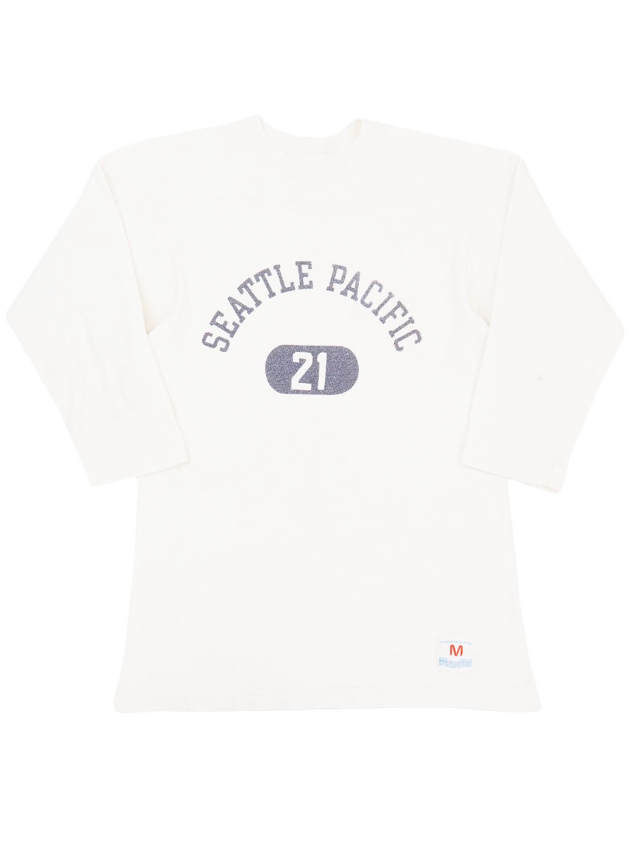 70's バータグ チャンピオン ''SEATTLE PACIFIC #21'' 黒染み込みプリント フットボールTシャツ ホワイト 表記(M)