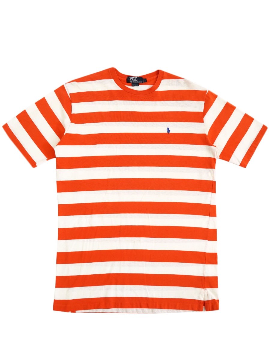 ラルフローレン ポニー刺繍 100％コットン 橙白 ボーダーTシャツ 表記(L) USA製
