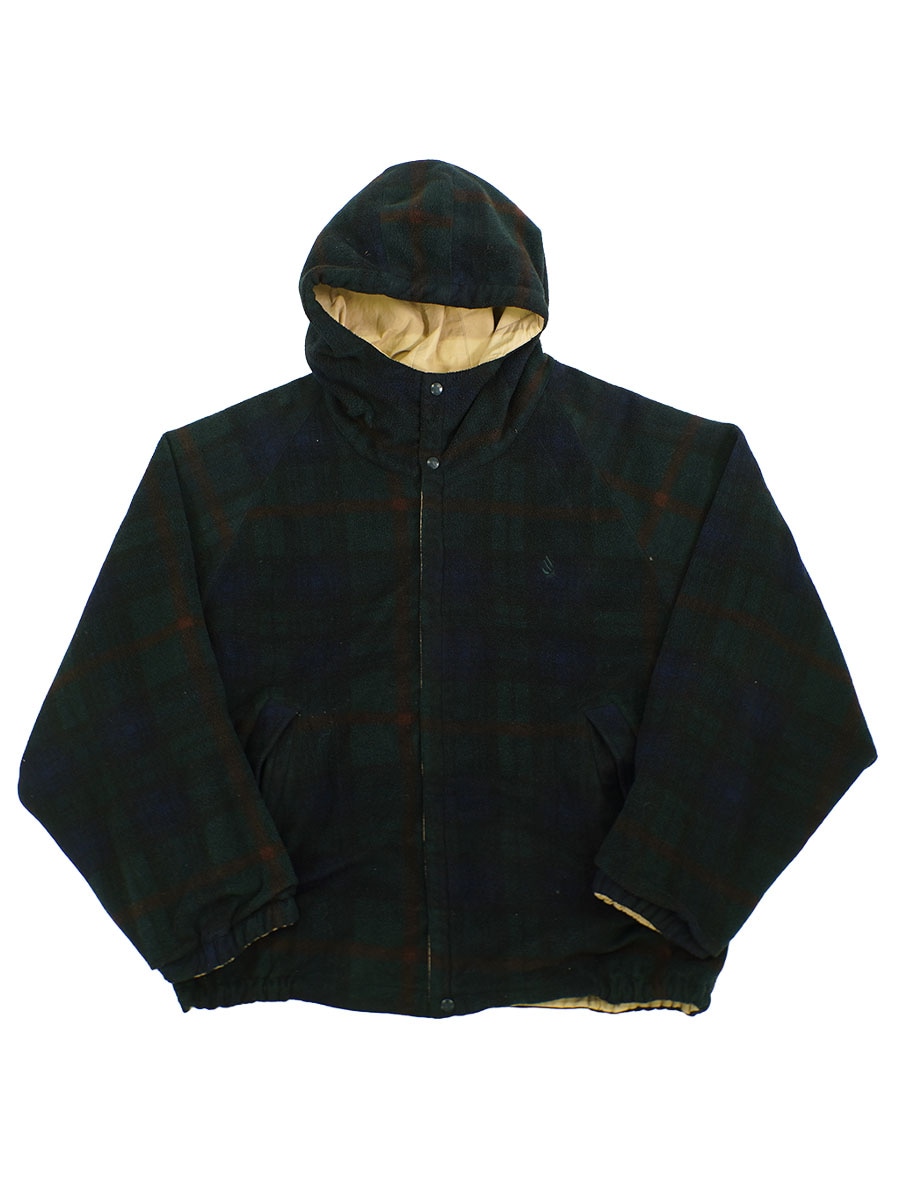 90's nautica 好配色チェック フード付き リバーシブル フリース×コットンジャケット 表記(XL)