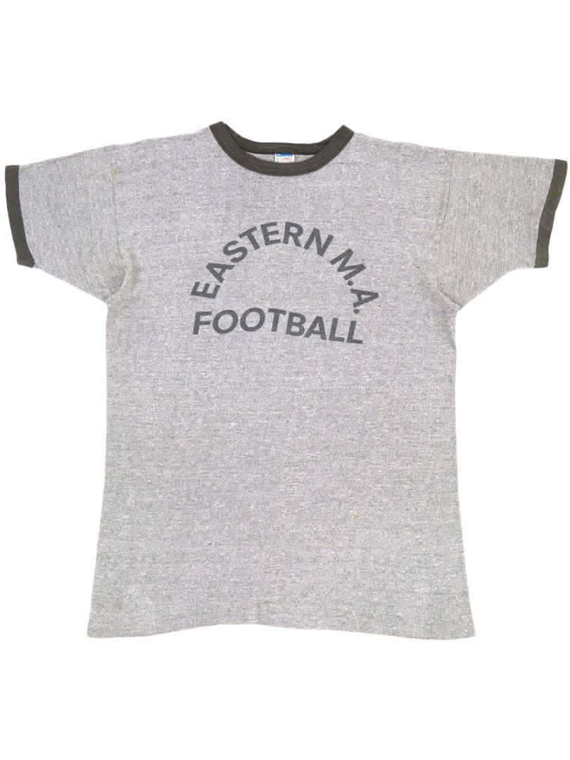 70's バータグ チャンピオン ''EASTERN M.A. FOOTBALL/SEARCH AND DESTROY'' 両面染み込みプリント リンガーTシャツ 霜降りグレー 表記(XL)