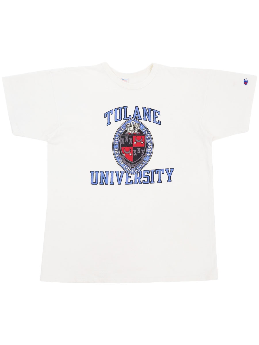 80's トリコタグ チャンピオン ''TULANE UNIVERSITY'' 染み込みプリント Tシャツ ホワイト 表記(XL) USA製
