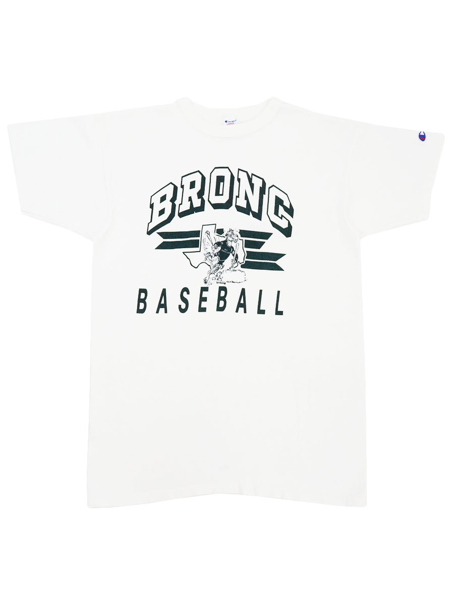 80's トリコタグ チャンピオン ''BRONC BASEBALL'' 染み込み3段プリント Tシャツ ホワイト 表記(L) USA製