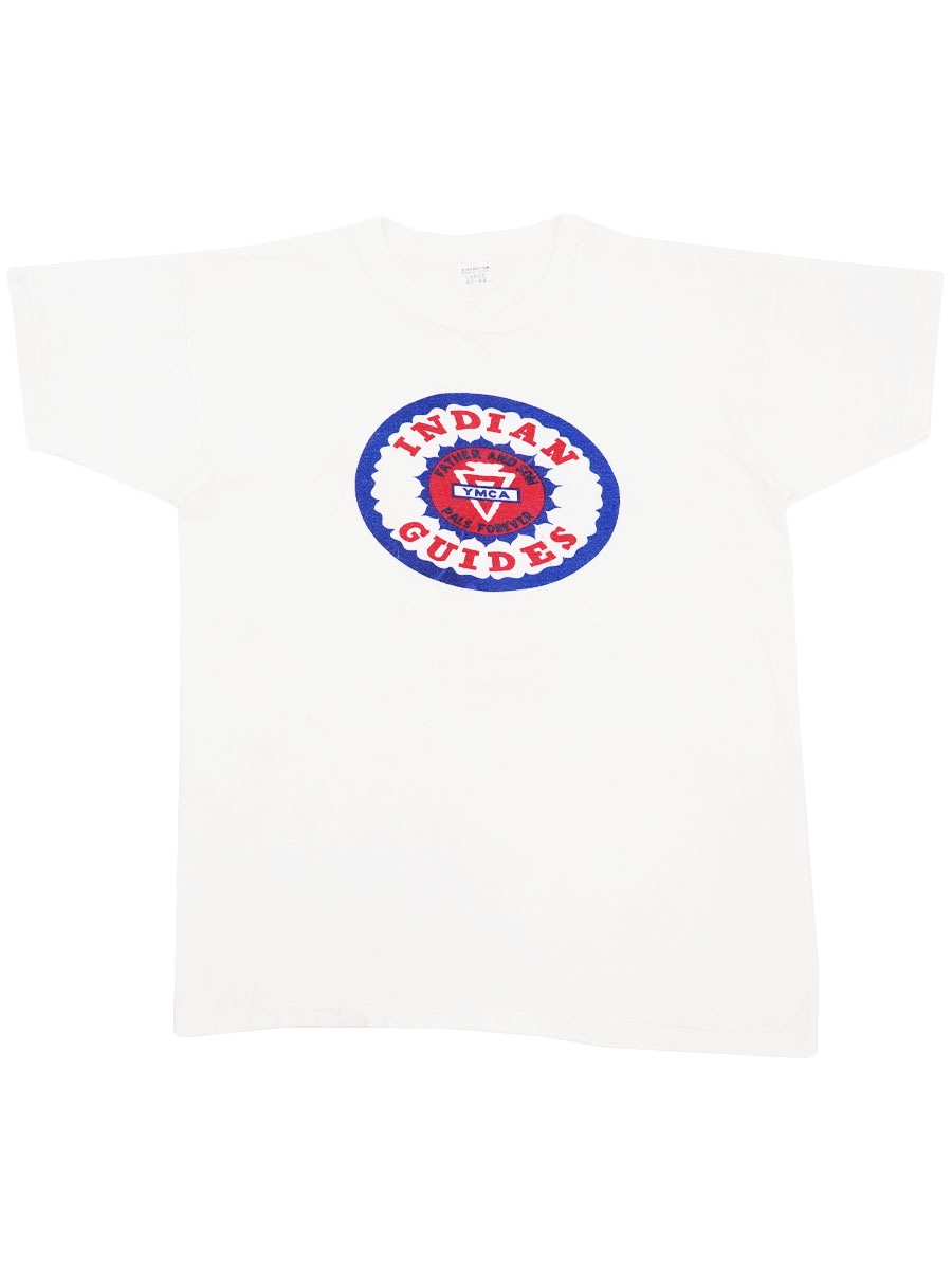 60's プロダクツタグ チャンピオン ''YMCA INDIAN GUIDES'' 染み込みプリント Tシャツ ホワイト 表記(L)
