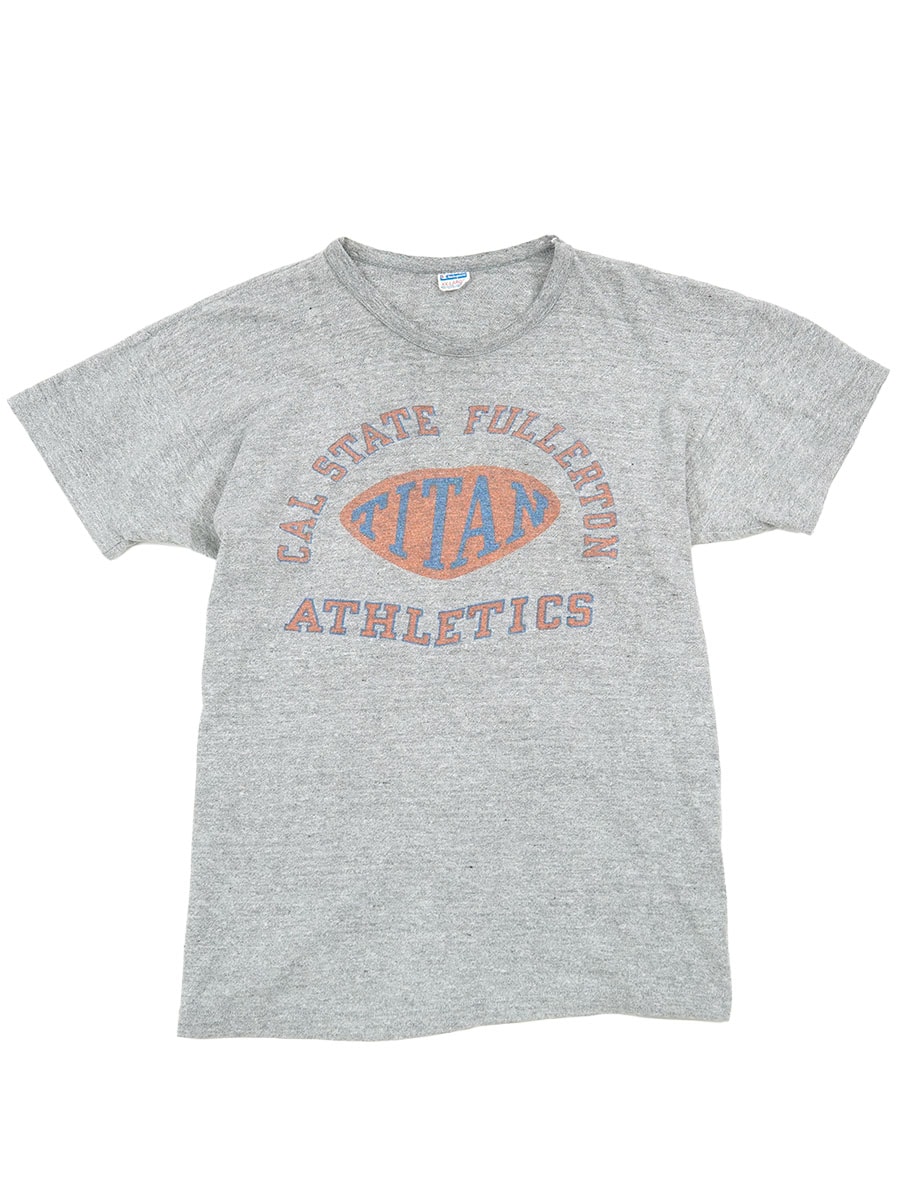 ビンテージ染み込みプリントフットボールTシャツ70sバータグ染み込み3段プリント 70's バータグ チャンピオン ''TITAN'' 染み込み3段プリント Tシャツ