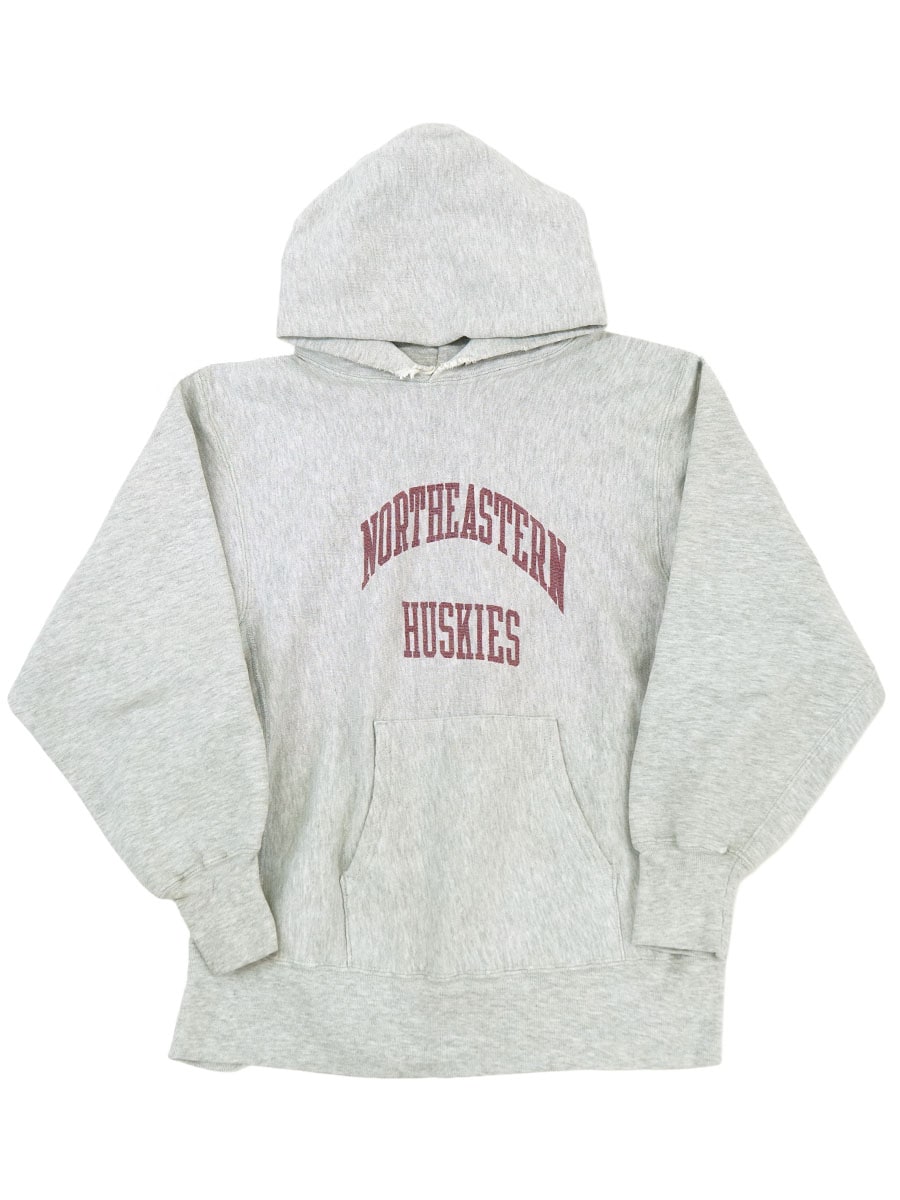 80's プリントタグ チャンピオンRWパーカ ''NORTHEASTERN HUSKIES''染み込みプリント グレー 表記(L) 