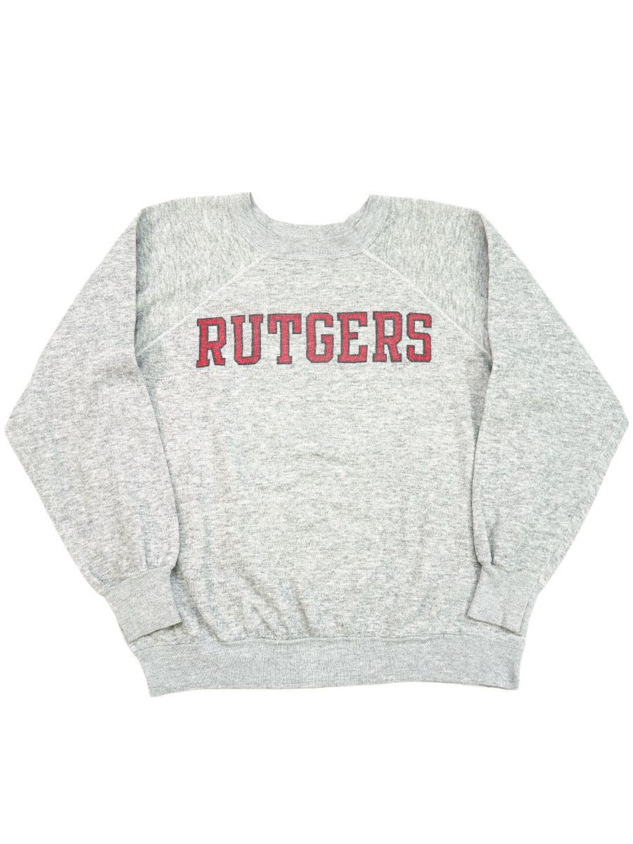 80's ''RUTGERS'' 染み込みプリント ラグランスリーブスウェット グレー 実寸(XL位)