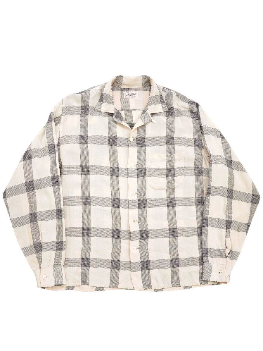 60's Manhattan 薄ピンク×黒 好配色チェック ループカラー レーヨンシャツ 表記(L)