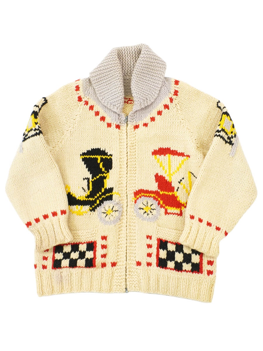 60's クラシックカー柄 カウチンセーター アイボリー 実寸(40位