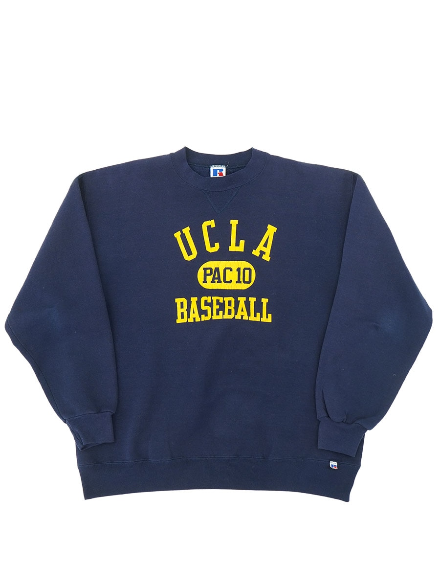 90's RUSSELL ATHLETIC ''UCLA BASEBALL'' 3段プリント 前Vスウェット ネイビー 表記(XL) USA製