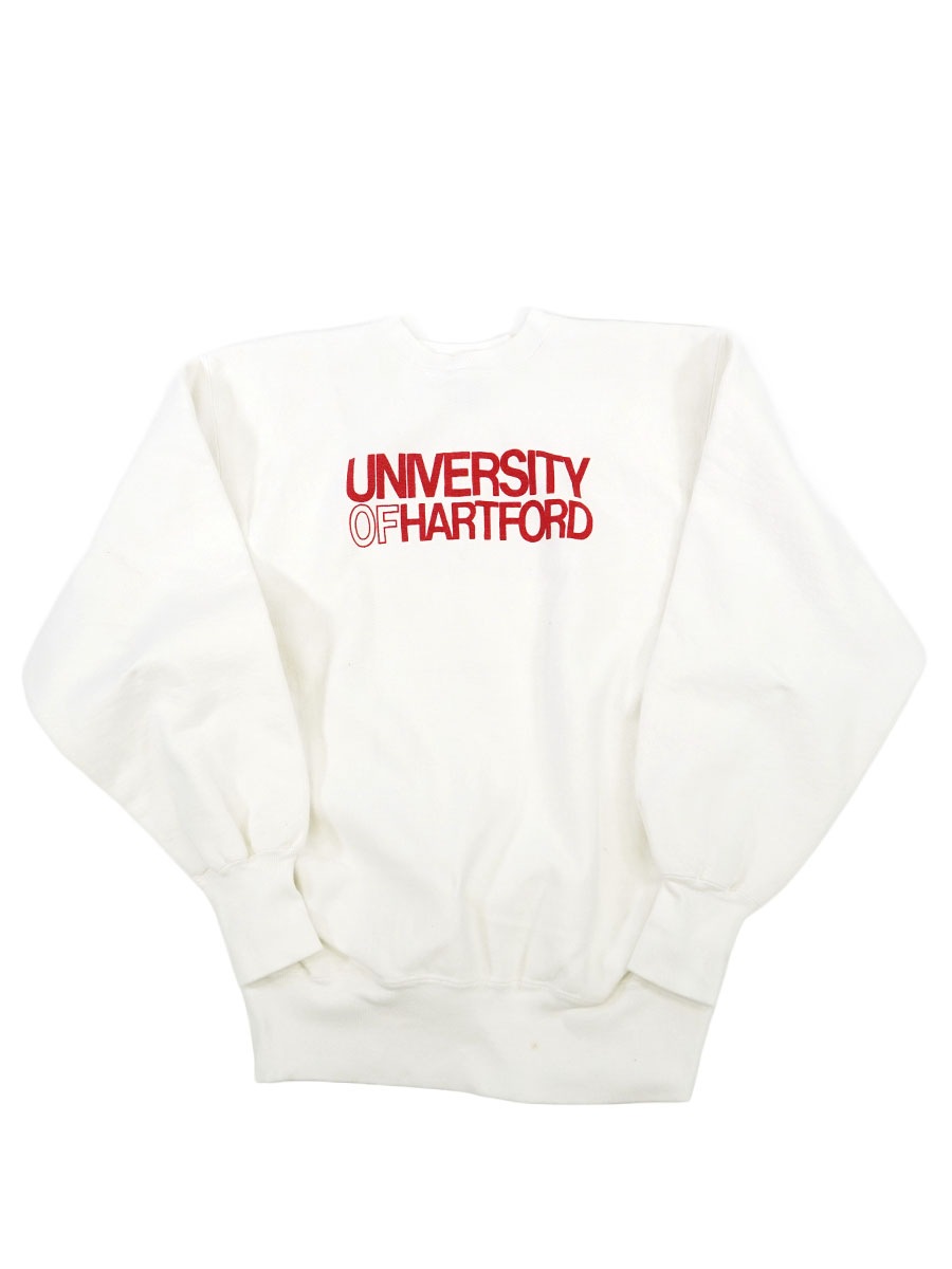 90's 刺繍タグ チャンピオンRW ''UNIVERSITY OF HARTFORD'' 染み込みプリント 白 表記(XL) USA製