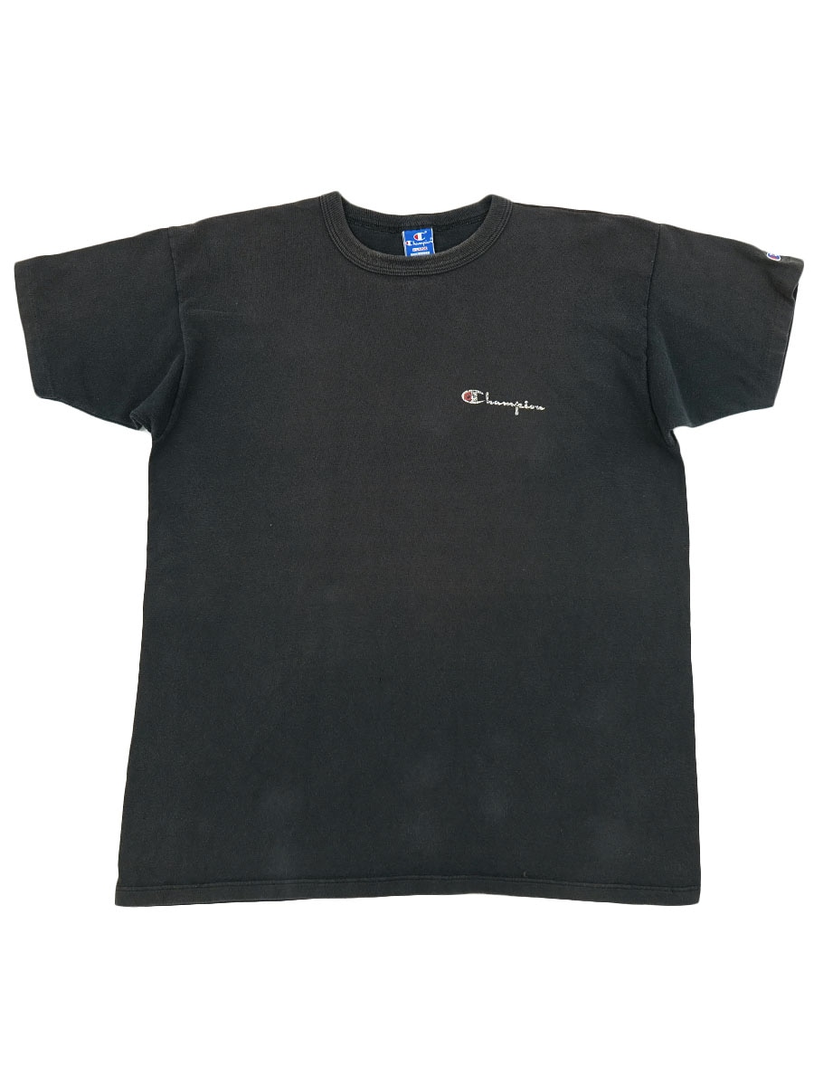 90's 青刺繍タグ チャンピオン スクリプトロゴ 100%コットン Tシャツ 表記(XL) USA製 黒