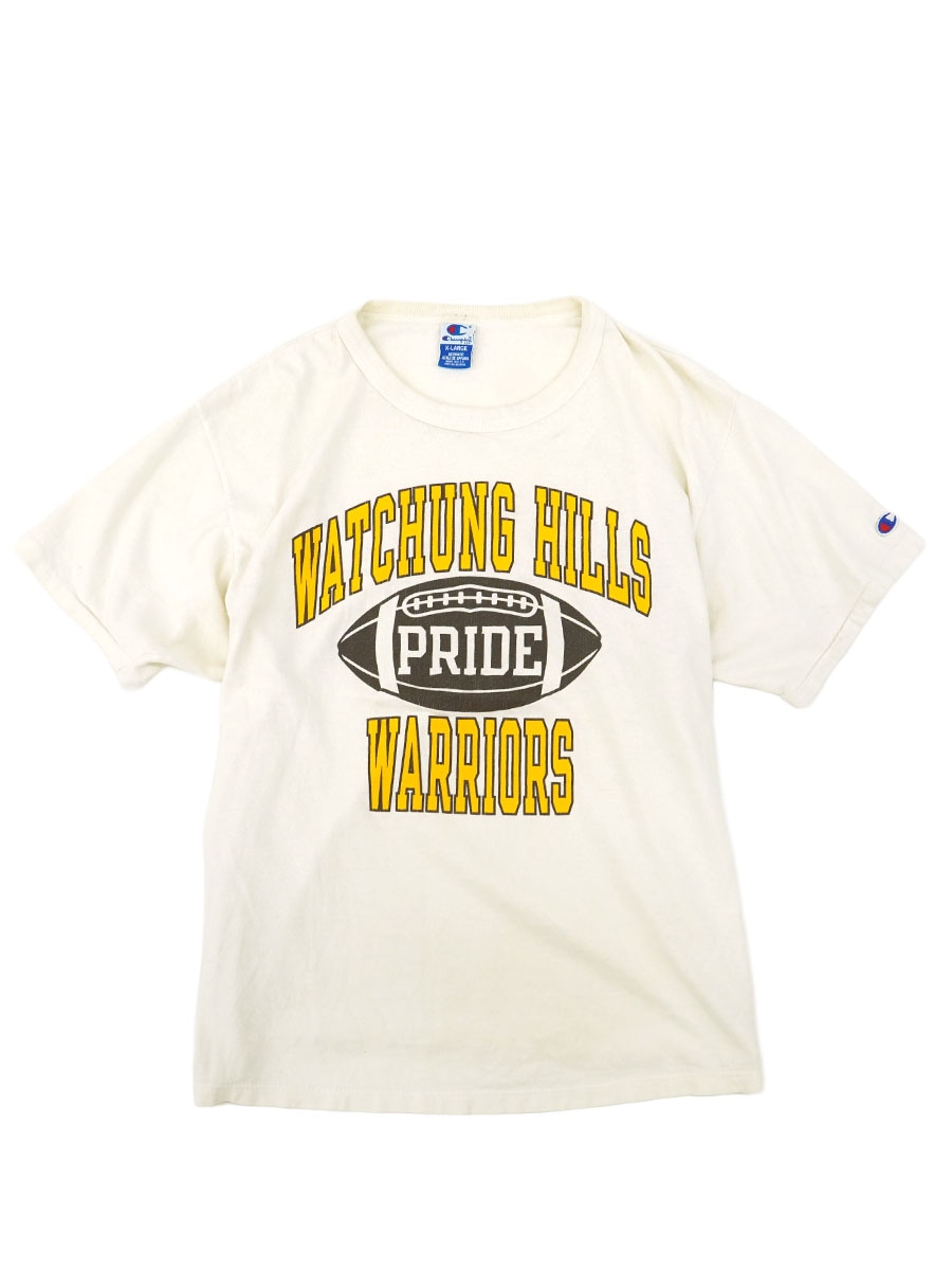 90's 青刺繍タグ チャンピオン ''WATCHUNG HILLS WARRIORS'' 3段プリント Tシャツ ホワイト 表記(XL) USA製