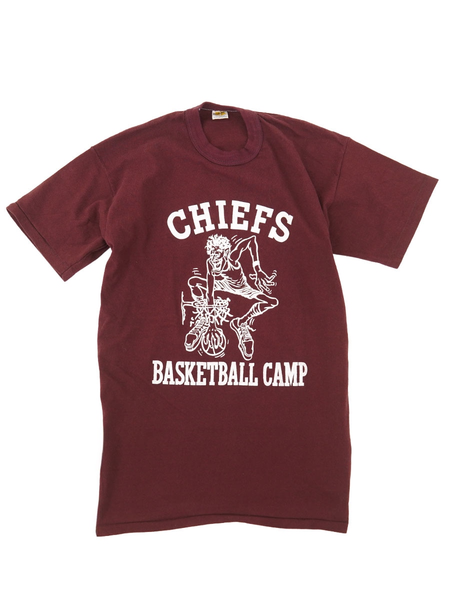70's 金タグ RUSSELL ''CHIEFS BASKETBALL CAMP'' 3段プリント Tシャツ マルーン 表記(XL) USA製