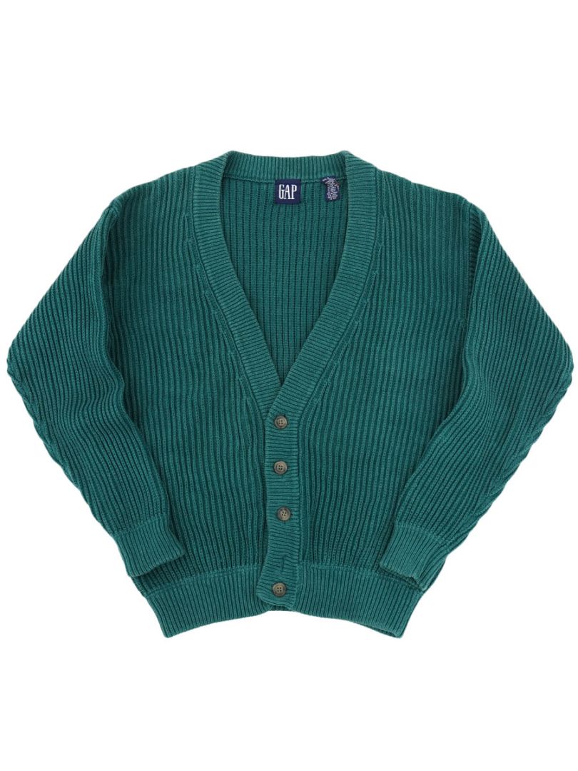 90's OLD GAP 100%コットン リブニットカーディガン ティールグリーン