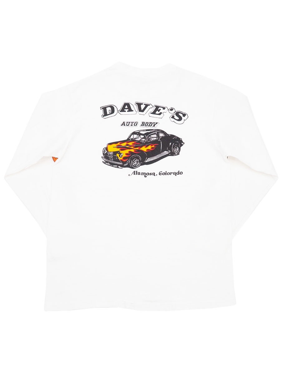 80's BELTON ''DAVE'S AUTO BODY'' 両面袖プリント ロングスリーブポケットTシャツ ホワイト 表記(L) USA製