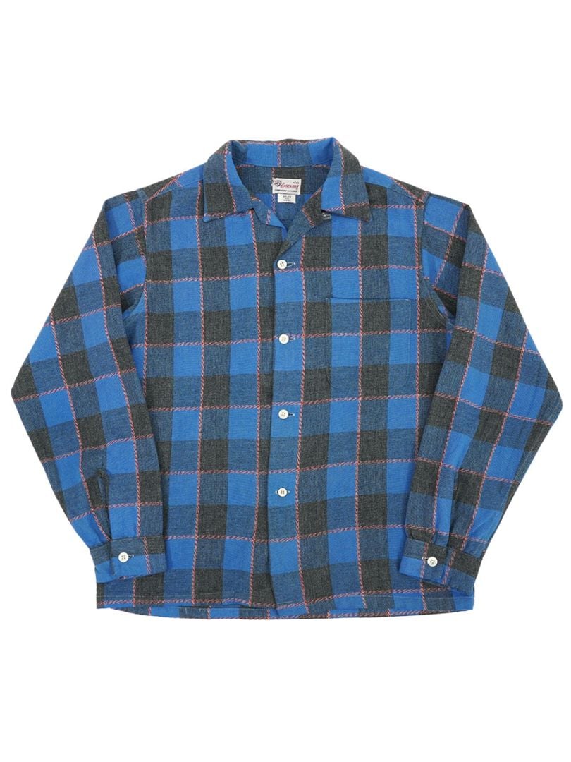 50's ENSENADA ループカラー 青黒チェック オーロンxウール L/Sシャツ 表記(S)