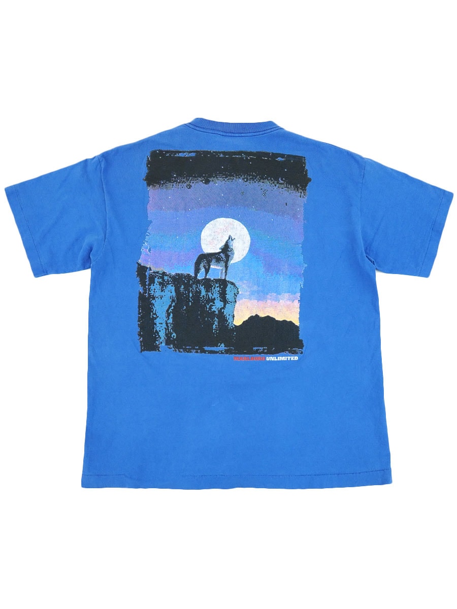 90's UNLIMITED Marlboro ''WOLF'' ポケットTシャツ ブルー 実寸(M位