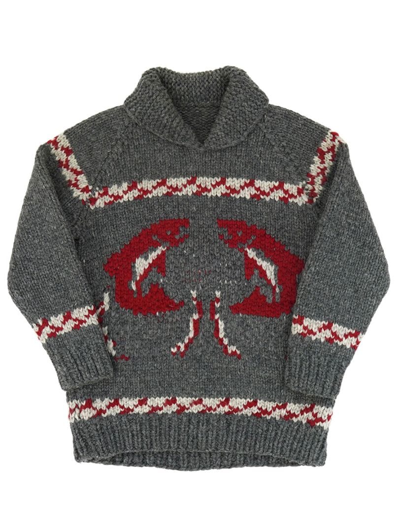 60's ショールカラー ウールニットセーター サーモン柄 グレー 実寸(L