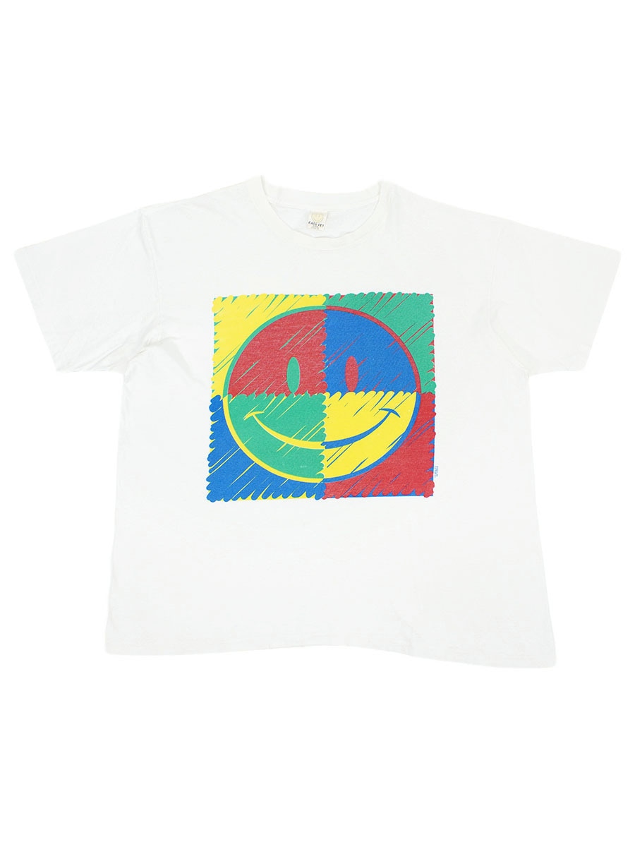 90's FACE IT! スマイリーフェイスプリント Tシャツ ホワイト 表記(2X
