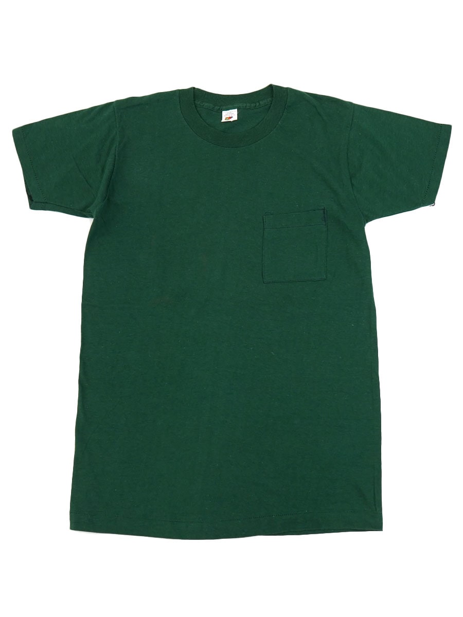 70's FRUIT OF THE LOOM 無地 ALL COTTON 角ポケ Tシャツ Green 表記(M)　