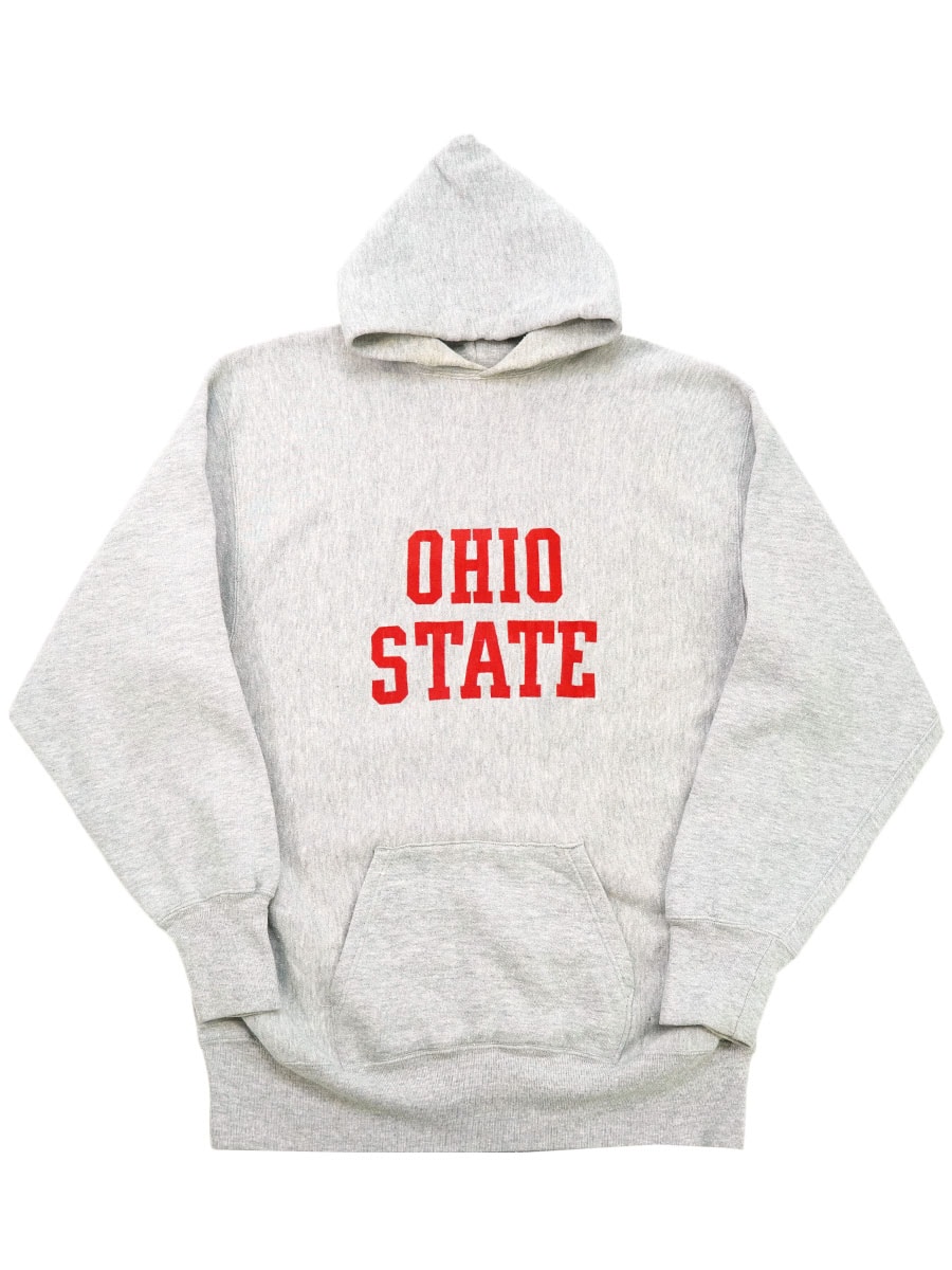 美品 単色タグ フロッキープリント 70's チャンピオン リバースウィーブ 70's 単色タグ チャンピオンRWパーカ ''OHIO STATE'' フロッキー