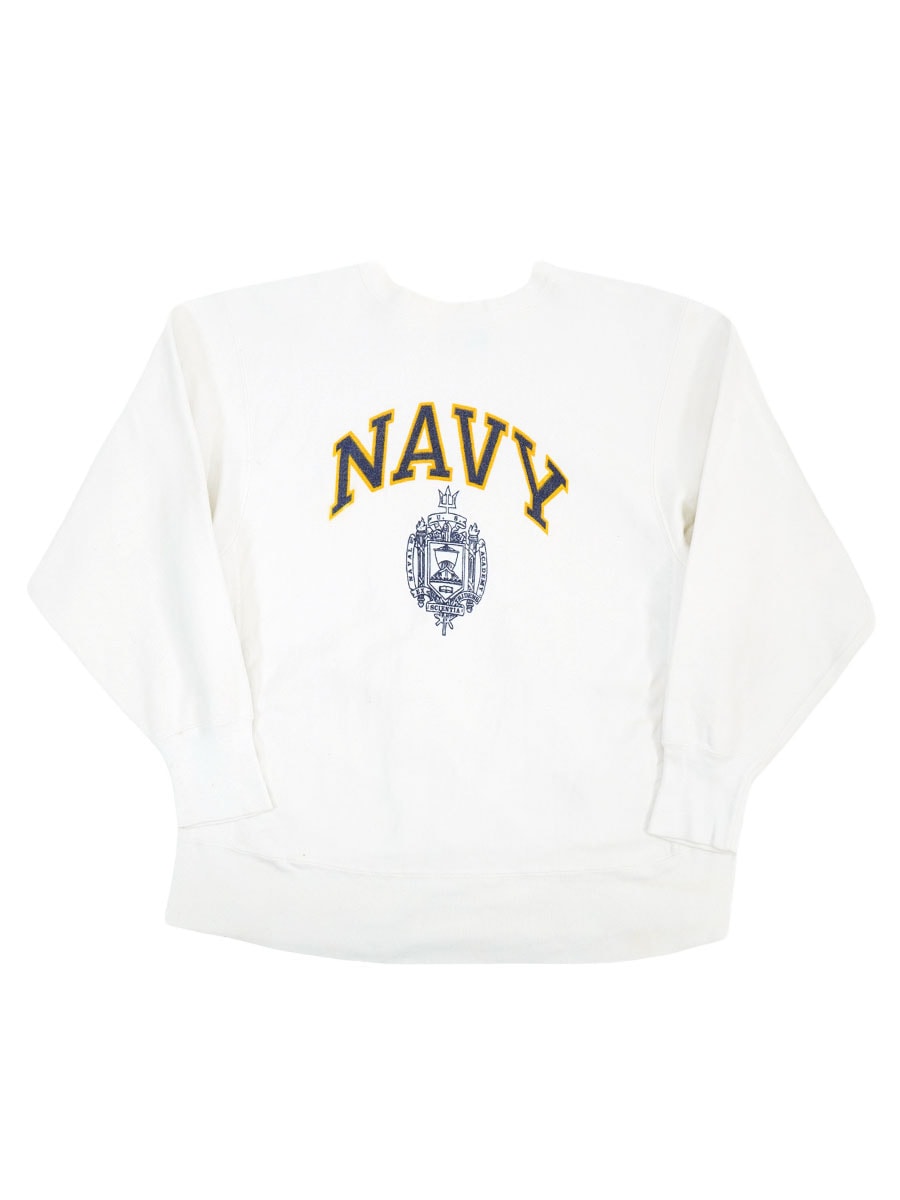 80's プリントタグ チャンピオンRW ''NAVY'' 染み込みプリント ホワイトボディ！ 表記(L) USA製