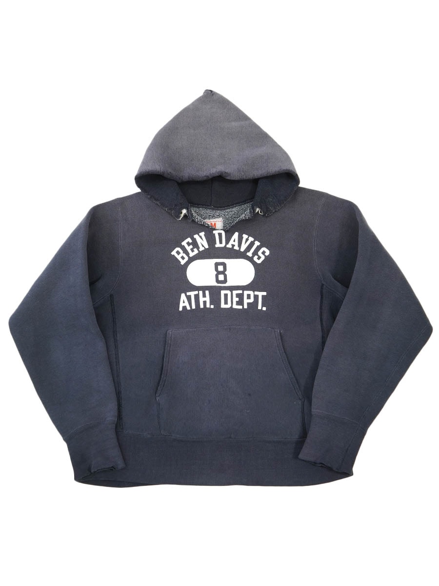 60's～ タタキタグ チャンピオンRWパーカ ''BEN DAVIS ATH. DEPT.'' 3段プリント ナス紺 表記(M)