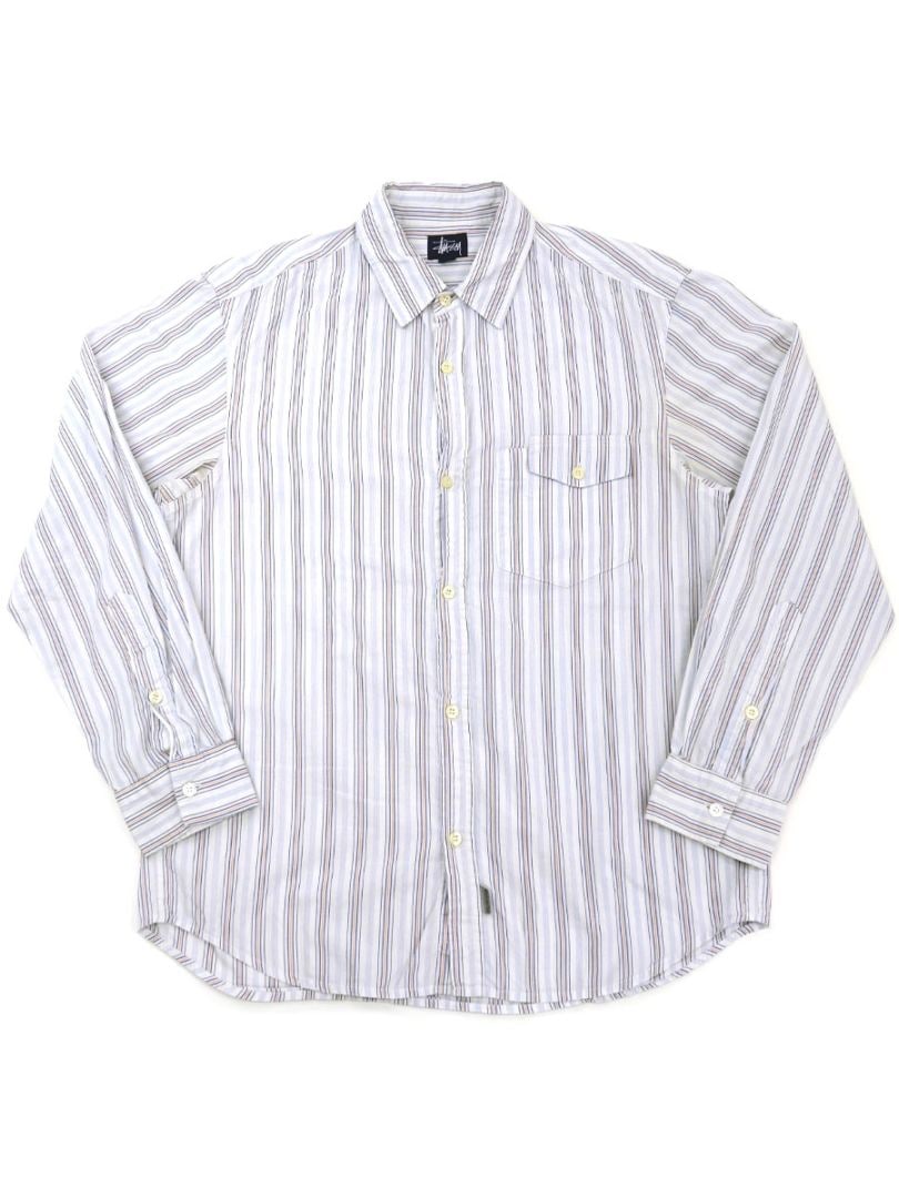 90's～ STUSSY ランダムストライプ 100%コットン ロングスリーブシャツ 表記(M) USA製