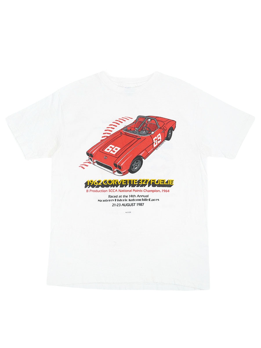 80's Hanes ''1962 CORVETTE 327 FUELIE'' 両面プリントTシャツ ホワイト 表記(L) USA製