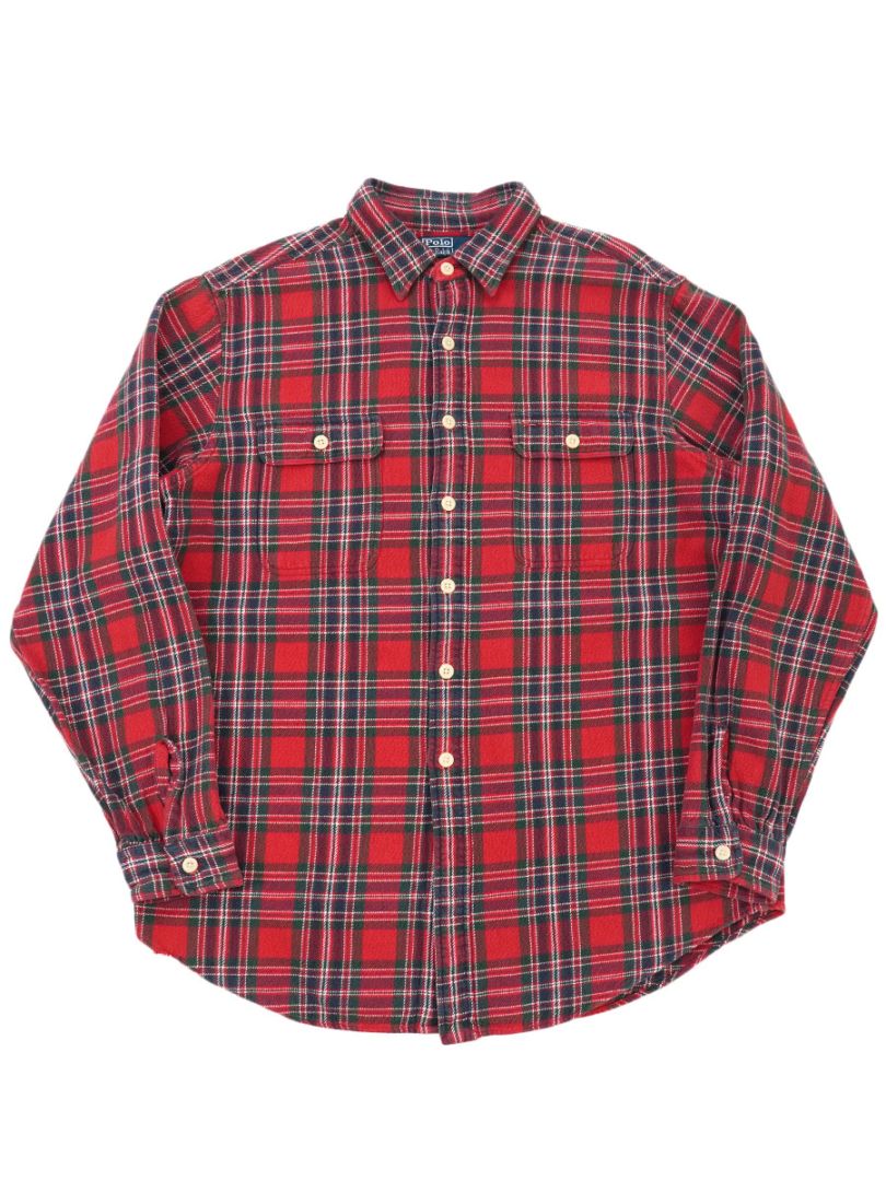 ラルフローレン 赤ベース 好配色チェック柄 フランネルシャツ 表記(XL)