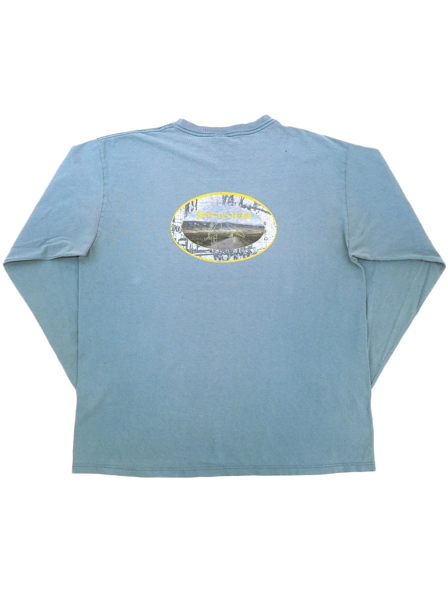 90's パタゴニア 両面プリント ロングスリーブ ポケットTシャツ スモークブルー 表記(L) USA製