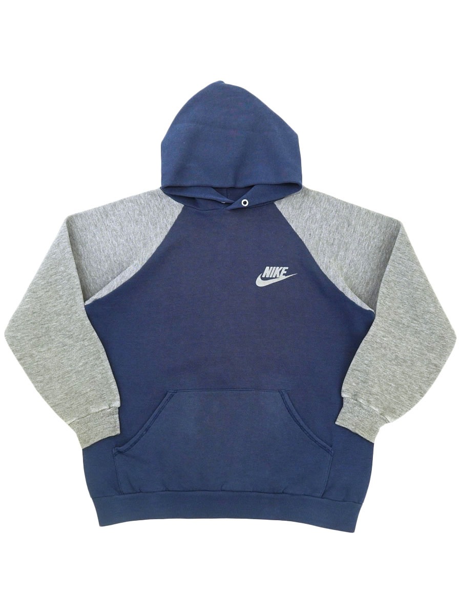 70's オレンジタグ NIKE ロゴフロッキープリント ラグランスリーブ スウェットパーカ グレーxネイビー 表記(M) USA製
