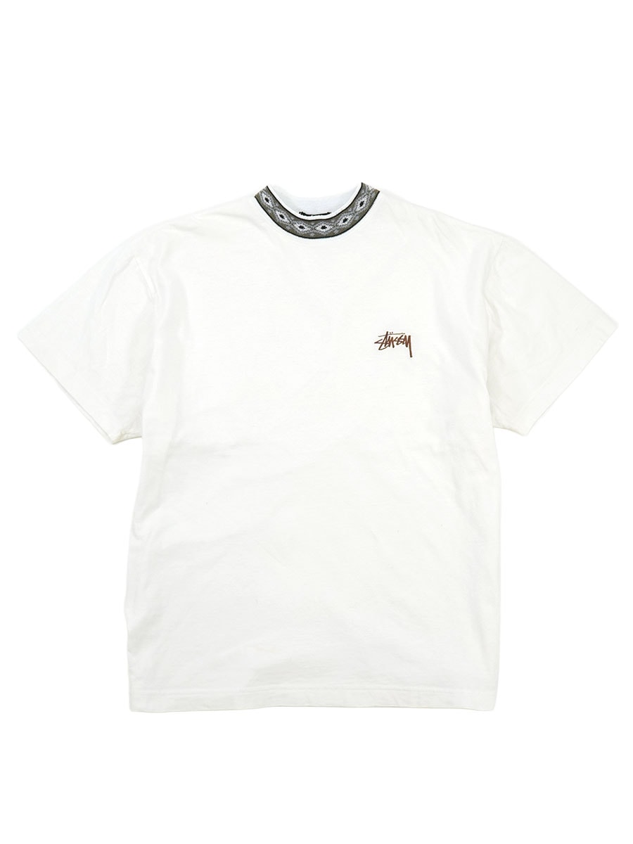 80's STUSSY モックネック ネイティブ柄 Tシャツ ホワイト 表記(M) USA