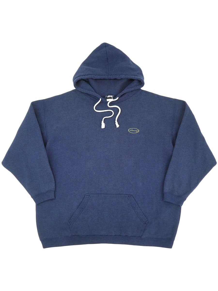 80's～ 黒タグ STUSSY ロゴ刺繍 スウェットパーカ ネイビ― 実寸(XL位