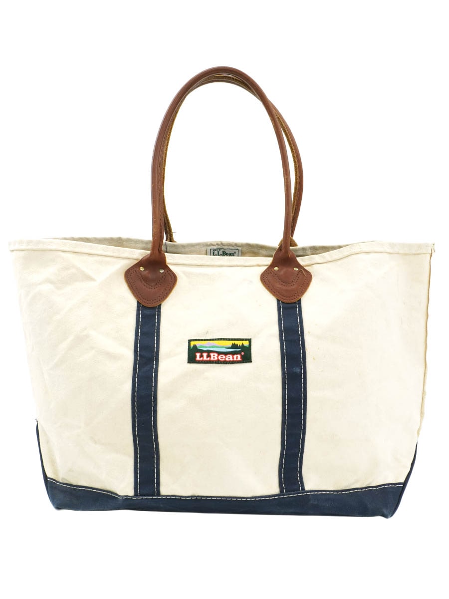 美品　 90s LLBEAN レザーハンドル　トート　ネイビー　激レア 90's L.L.Bean BOAT AND TOTE レザーハンドル 生成りxネイビー