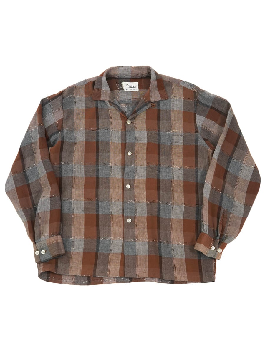 60'S CAMPUS PLAID RAYON SHIRT (SIZE.MEDIUM)