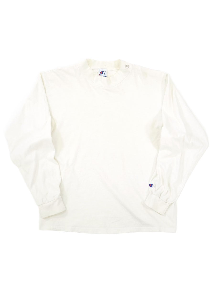 90'S CHAMPION MOCK TURTLENECK  PLAIN LONG SLEEVE T SHIRT WIHTE  (SIZE.LARGE) MADE IN USA