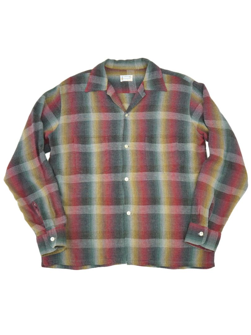 60'S TOWNCRAFT LOOP COLLAR SHADOW PLAID RAYON SHIRT (SIZE. MEDIUM)