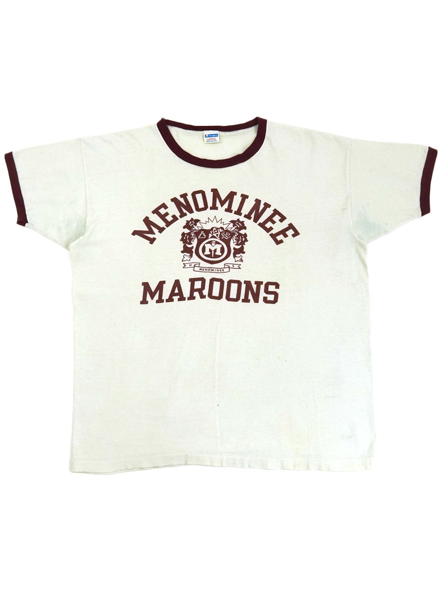70'S CHAMPION ''MENOMINEE MAROONS'' WATER PRINT RINGER T SHIRT (SIZE.LARGE)