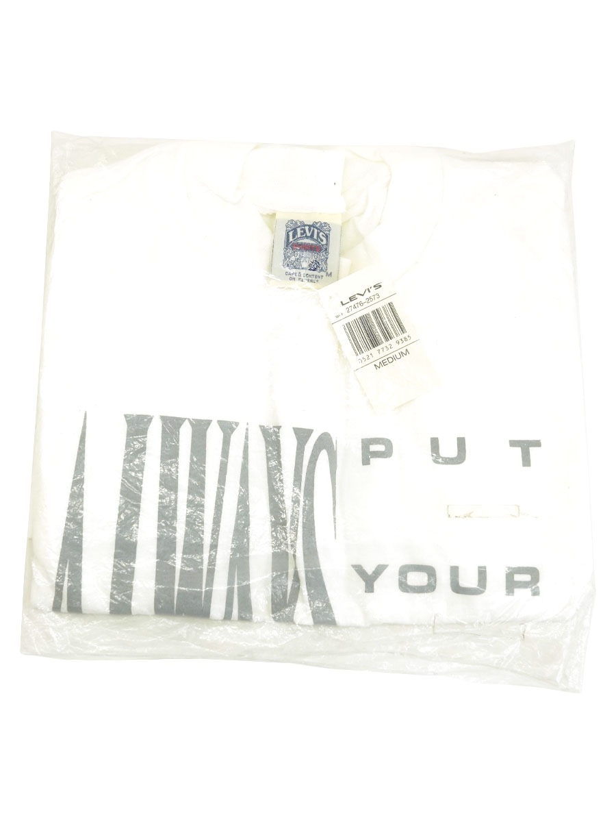 90'S LEVI'S SHIRTS ''ALWAYS PUT YOUR LEVI'S ON FIRST'' T SHIRT WHITE (SIZE.MEDIUM) MADE IN USA NOS