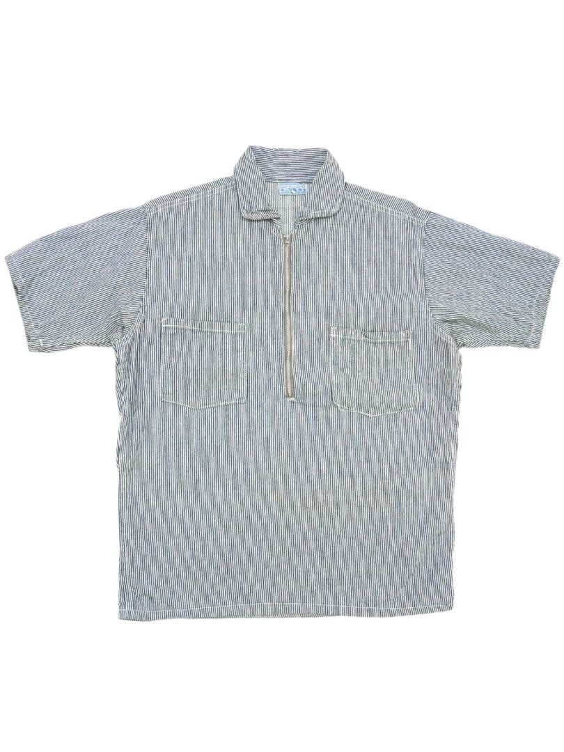 60'S～ WHITE DUCK BRAND HICKORY STRIPE HALF ZIP S/S SHIRT (SIZE.MEDIUM)