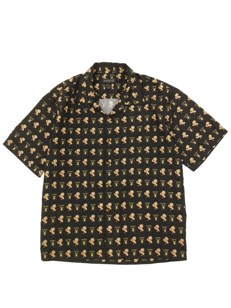90's PLAYBOY オールオーバープリント 半袖 開襟シャツ 黒　Sサイズ 90'S PLAYBOY ALL OVER PATTERN SHORT SLEEVE SHIRT (SIZE. X LARGE