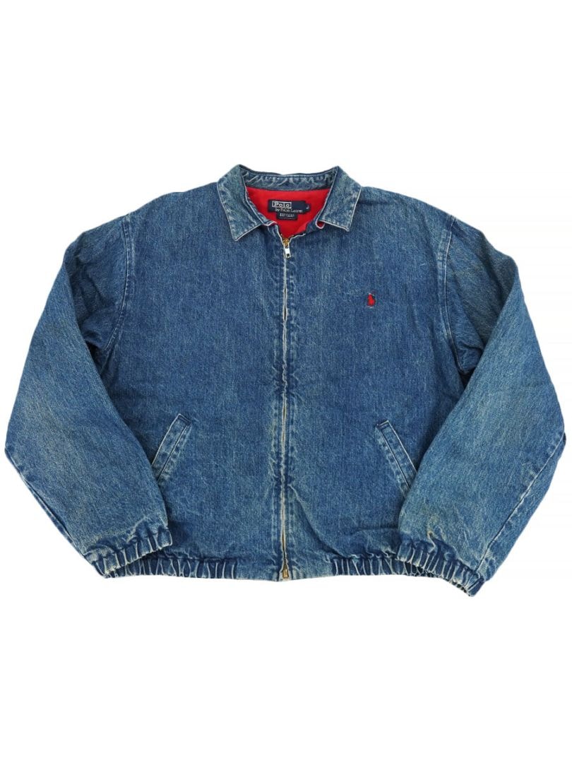 80'S RALPH LAUREN DENIM DRIZZLER JACKET WITH RED FLANNEL LINER (SIZE. LARGE)
