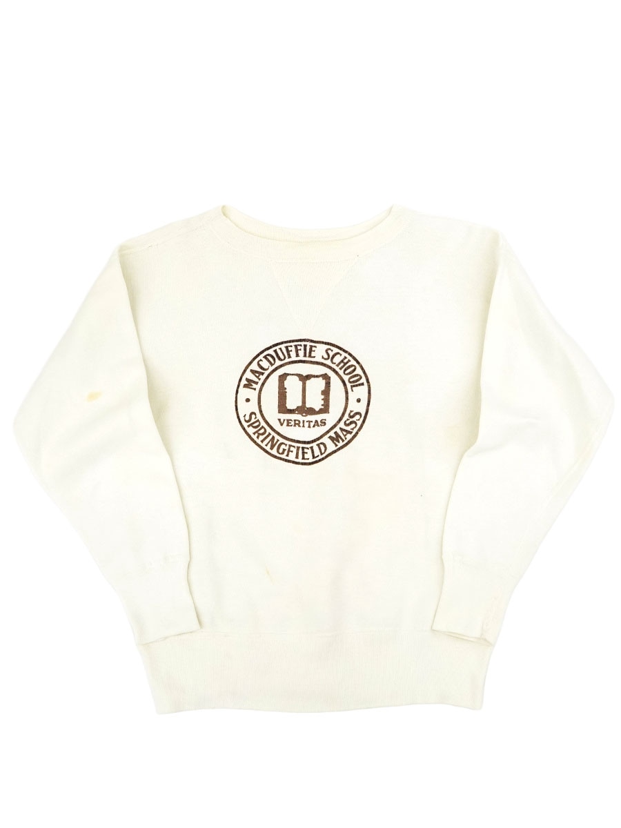 50's 前V ''MACDUFFIE SCHOOL SPRINGFIELD MASS'' フロッキープリント セットインスリーブスウェット 白 実寸(L位)