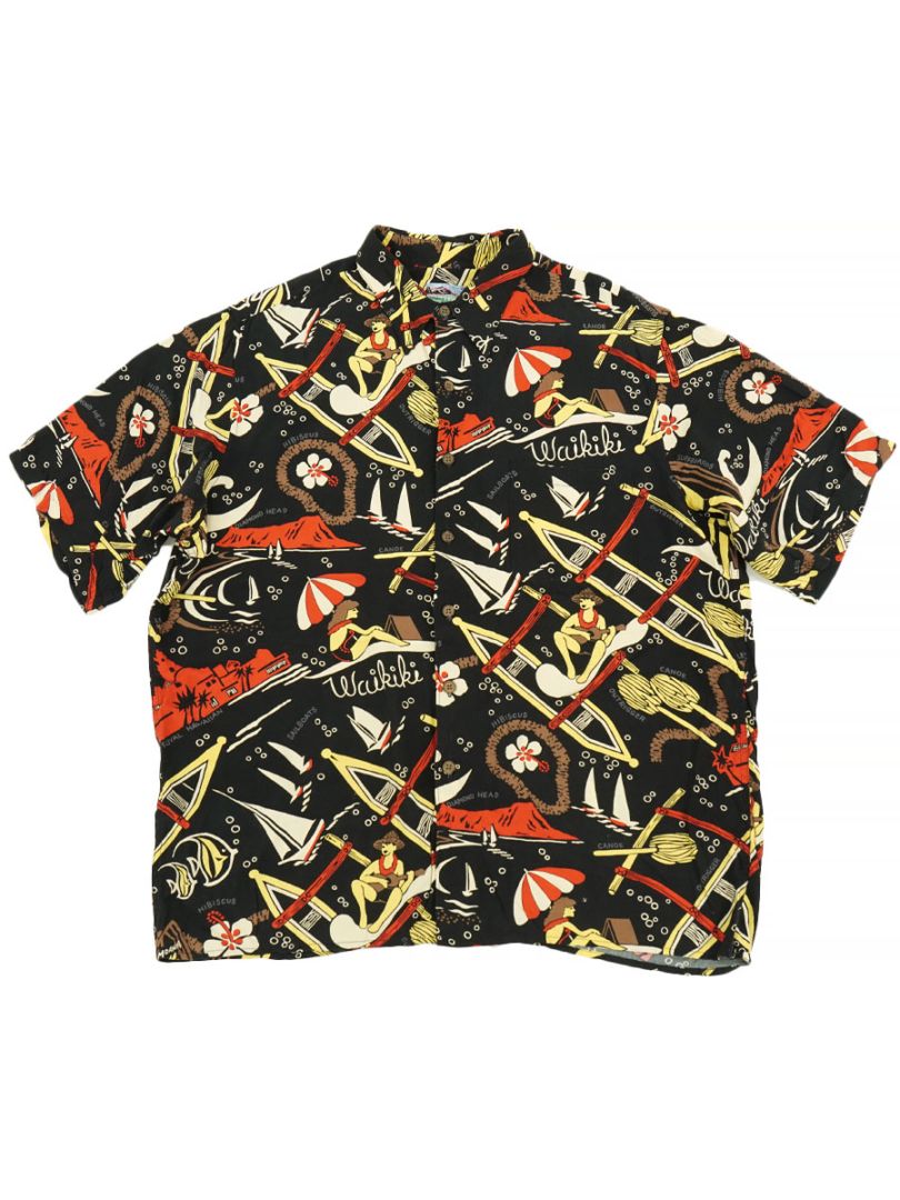 80'S～ REYN SPOONER DIAMOND HEAD ''WAIKIKI'' HAWAIIAN SHIRT BLK (SIZE. LARGE)