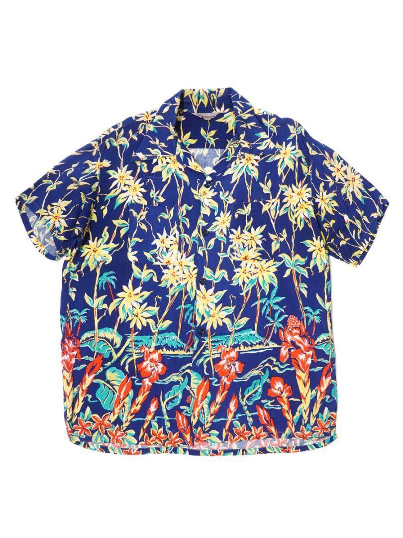 50'S ARTVOGUE HORIZONTAL PATTERN RAYON HAWAIIAN SHIRT (SIZE.LARGE)