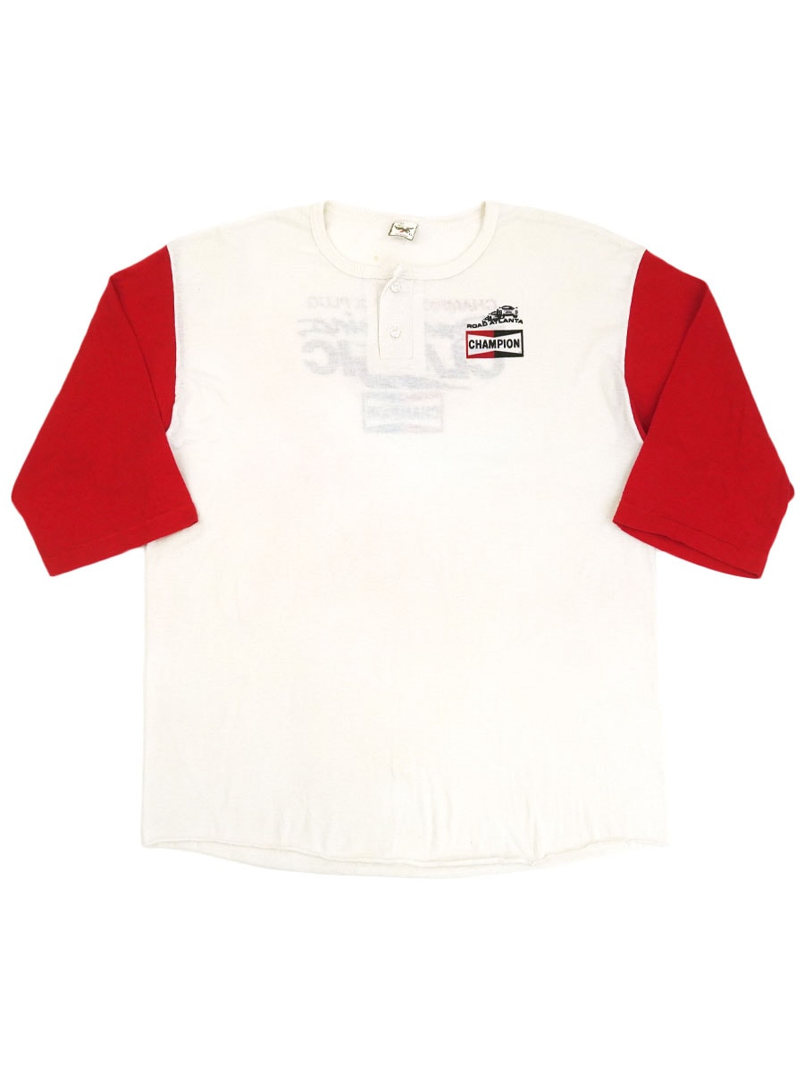 80'S THE HAWK ''CHAMPION ROAD RACING CLASSIC'' WATER PRINT HENRY NECK BASEBALL T SHIRT WHITE/RED (SIZE.X LARGE)