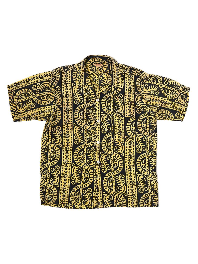 50'S PILGRIM BORDER PATTERN S/S RAYON SHIRT (SIZE.MEDUM)