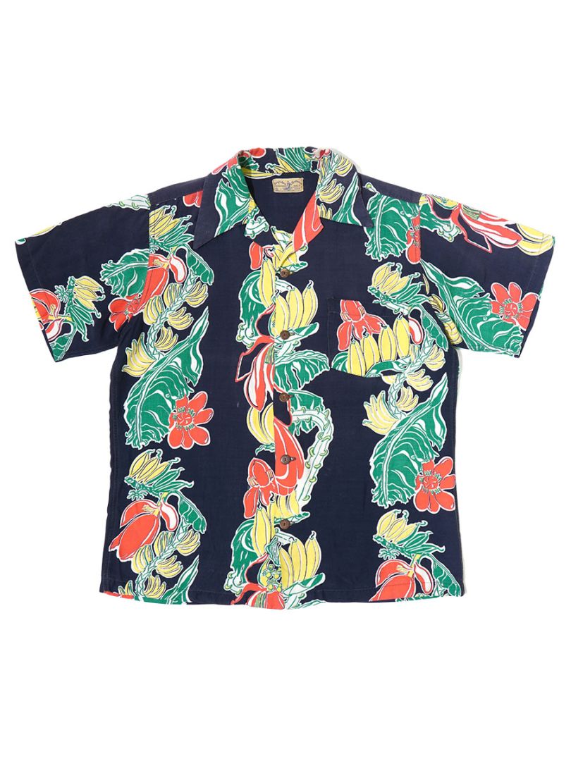 50'S SURFRIDERS BORDER PATTERN S/S RAYON HAWAIIAN SHIRT (SIZE.SMALL)